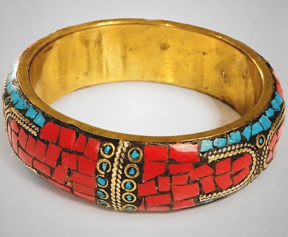 Brass Bangle Bracelet, Turquoise Blue Red Enamel Boho Jewelry bn-1